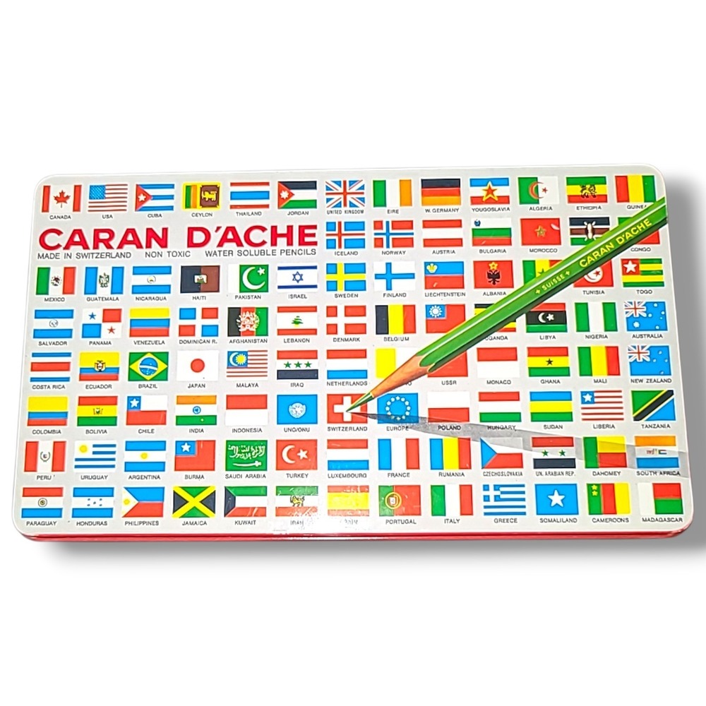 Vintage Caran d'Ache Swiss Made Water Soluble Pencils 12 Set Flag Tin 1462.412